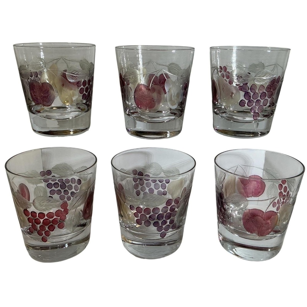 Federal Glass MCM Frosted Fruit Lowball Whiskey Tumblers Set of 6 Vintage Grapes